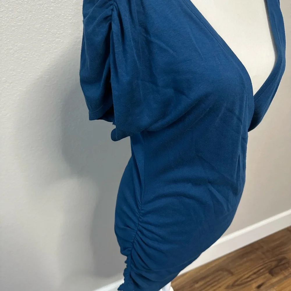 Express Blue Wrap Ruched Blouse - Picture 3 of 12